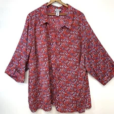 Catherines Top Woman 4X Button Up Blue Red Collar Half Sleeve Lightweight Casual