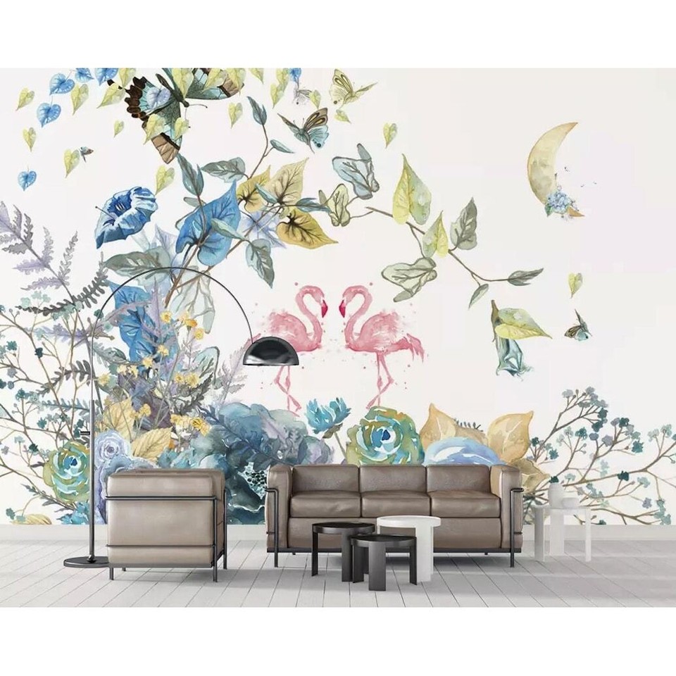 Vintage Soft Flower Watercolor Flamingo Wallpaper Green H35" x W55