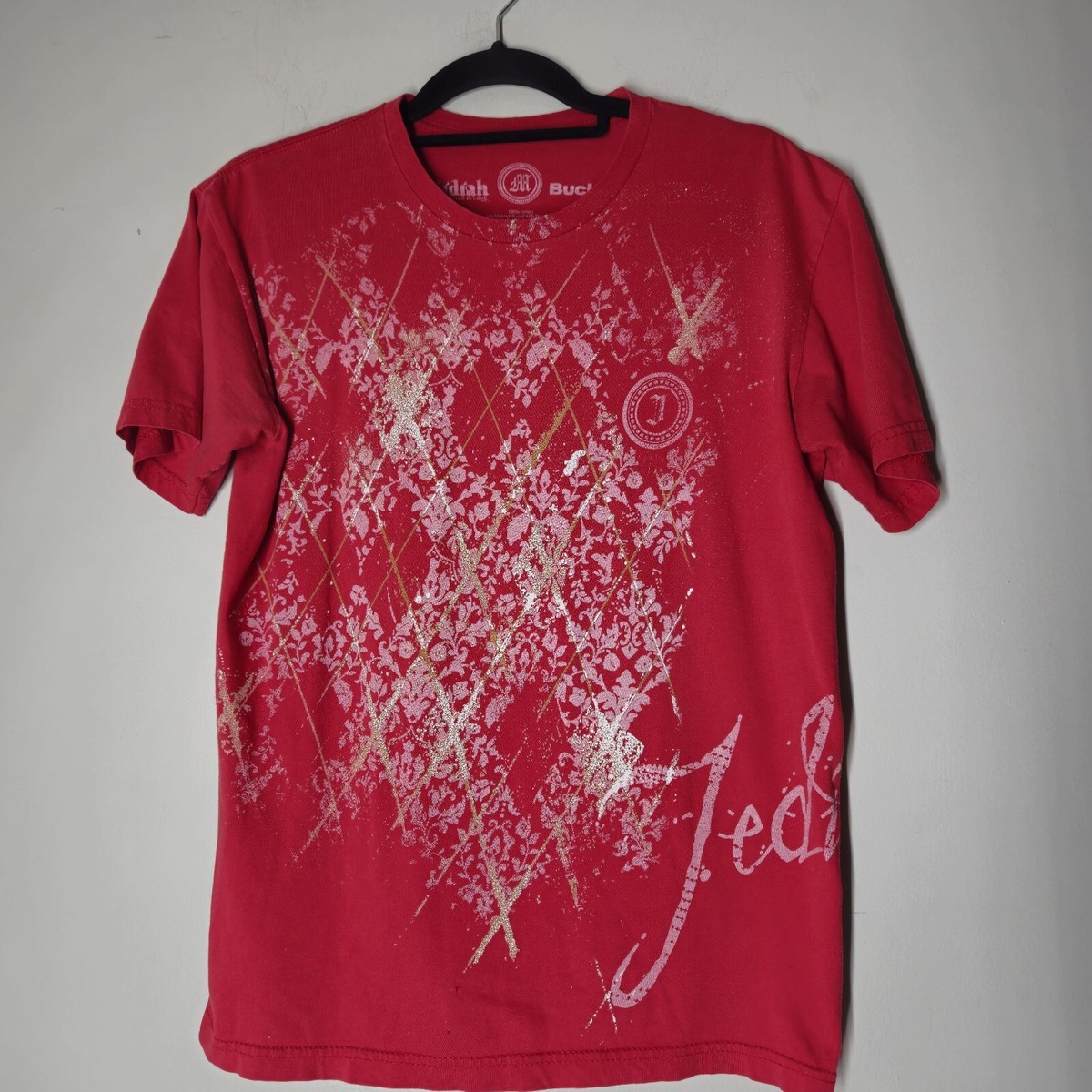 国内未入荷 FLYERRER - Grunge Brush-Stained Raw Hem T-Shirt Y2K Jedidiah Buckle Men's Small Red T-Shirt Affliction Style