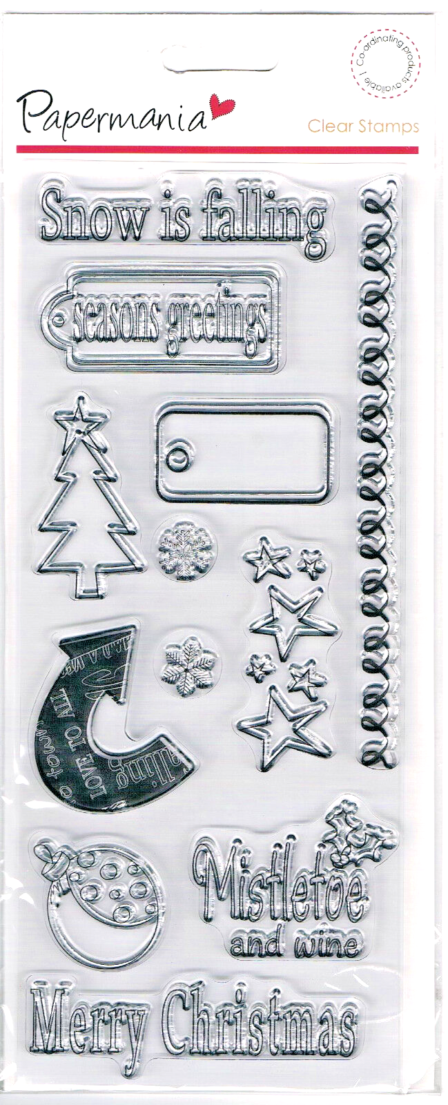 Papermania clear stamp 12 set Merry Christmas Seasons Greetings Mistletoe & Wine