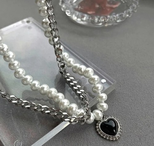 Black Crystal Heart White Pearls Double Strands Choker Necklace Silver Women - Picture 2 of 6
