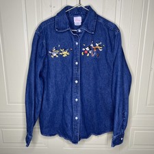 Vtg Disney Store Denim Button Long sleeve Mickey Mouse Goofy Donald Duck Pluto M