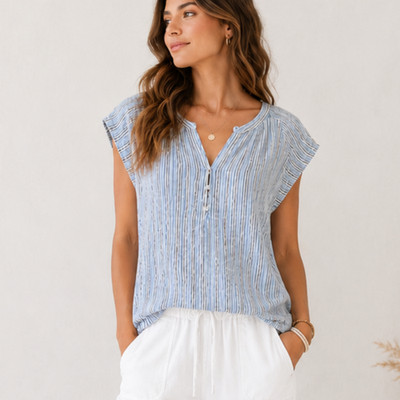 Time & Tru Linen Blend Top Women's Size M Flutter Sleeve Popover Coastal Casual