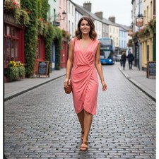 Leslie Fay Women’s Coral Orange Faux Wrap Sleeveless V-neck Midi Dress Size 12