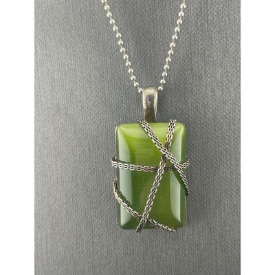 RMN Green Cat's Eye Glass Pendant Necklace Sterling Chain Chatoyant