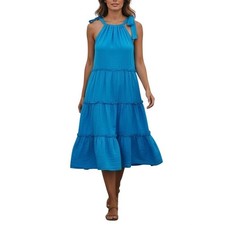 Crown & Ivy Tiered Midi Dress Womens Small Blue Halter Neck Cotton Summer Boho