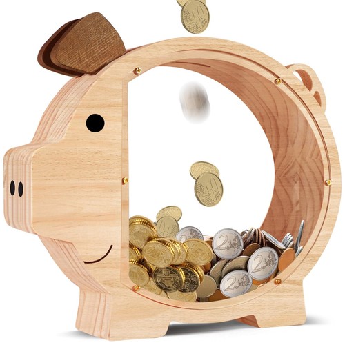 Piggy Bank for Money Saving,Wooden Piggy Bank for Boys Girls,Unbreakable Pigg...