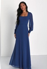 Lulus Stunning Behavior Dark Blue Square Neck Long Sleeve Maxi Dress- NWT-Large