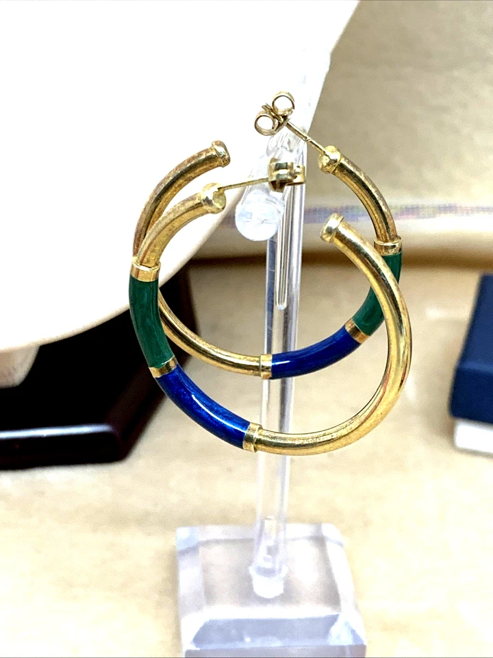 ORECCHINI A CERCHIO A SCHIAVA ANNI '70 IN ARGENTO 925 E SMALTO A FUOCO 2 COLORI - Immagine 2 di 4