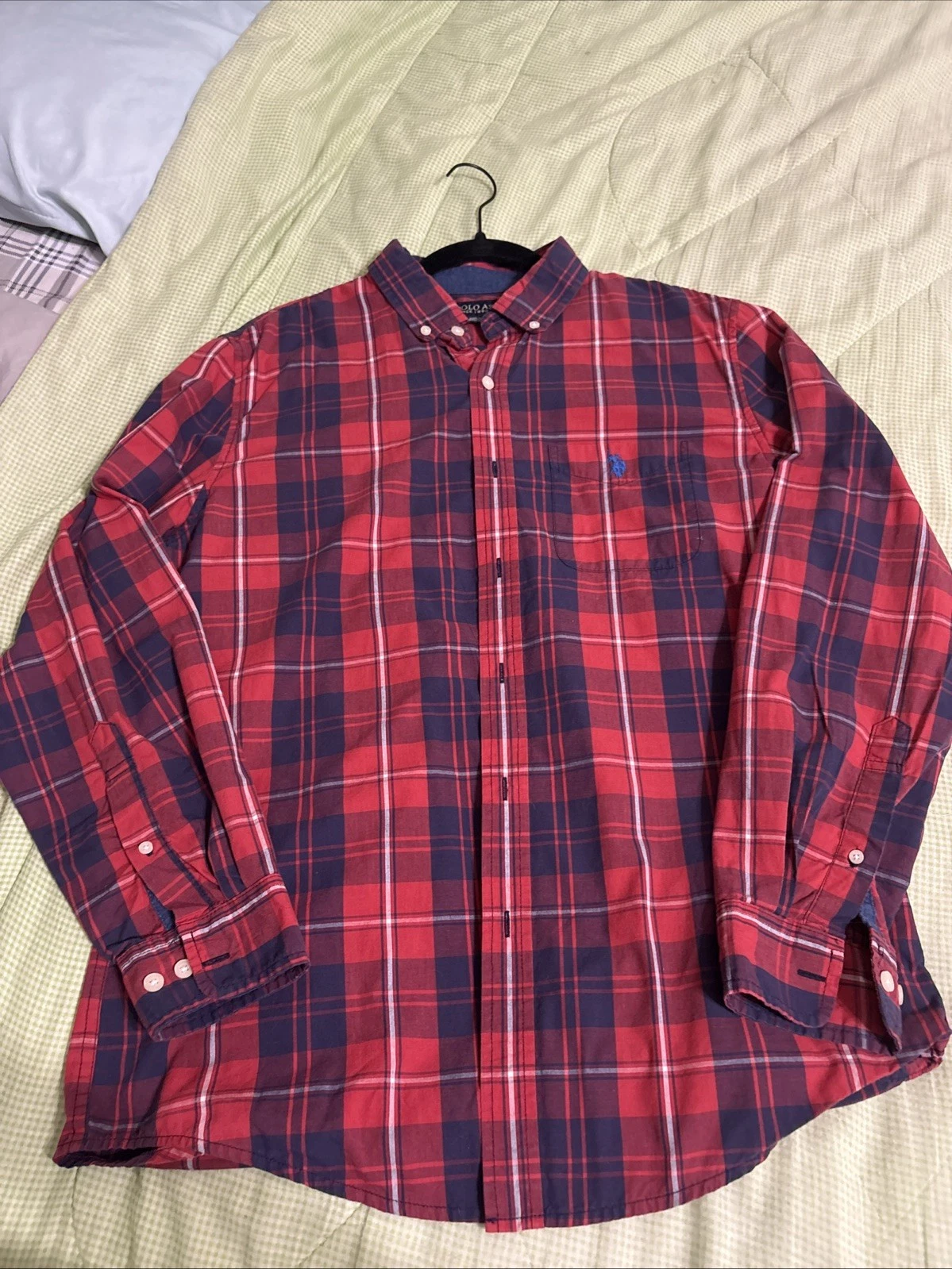 US Polo Assn Men Button Down Long Sleeve Shirt Red Blue Plaid Embroidered Logo