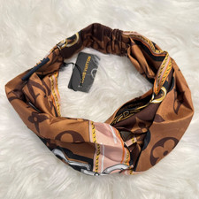 Twist Headband, Brown Logo Print Silk, Elastic, Women, Designer