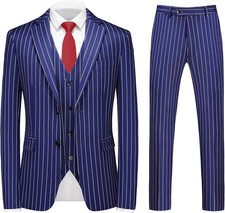 Mens 3 Piece Pinstripe Suit Slim Fit Double Vents Jacket Vest  Pants Dress Set