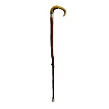 Antique Walking Stick Cane w Horn Crook Handle  Silver Collar - 34 Inches Tall