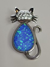 925 Silver Blue Opal Style Cat Pendant Charm – Sparkly Kitty Jewellery 2g