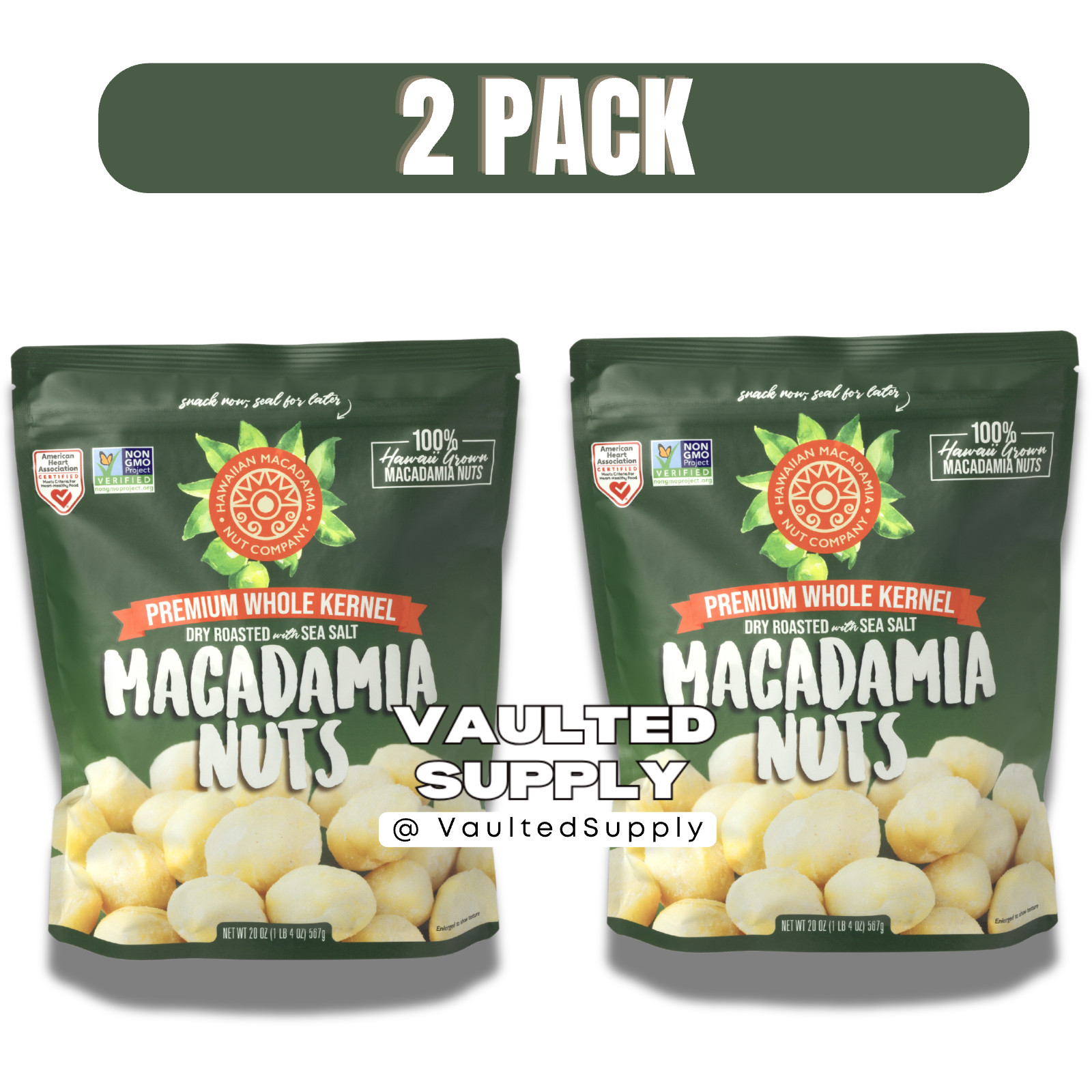 Hawaiian Whole Kernel Macadamia Nuts 20 oz Dry Roasted w/ Se