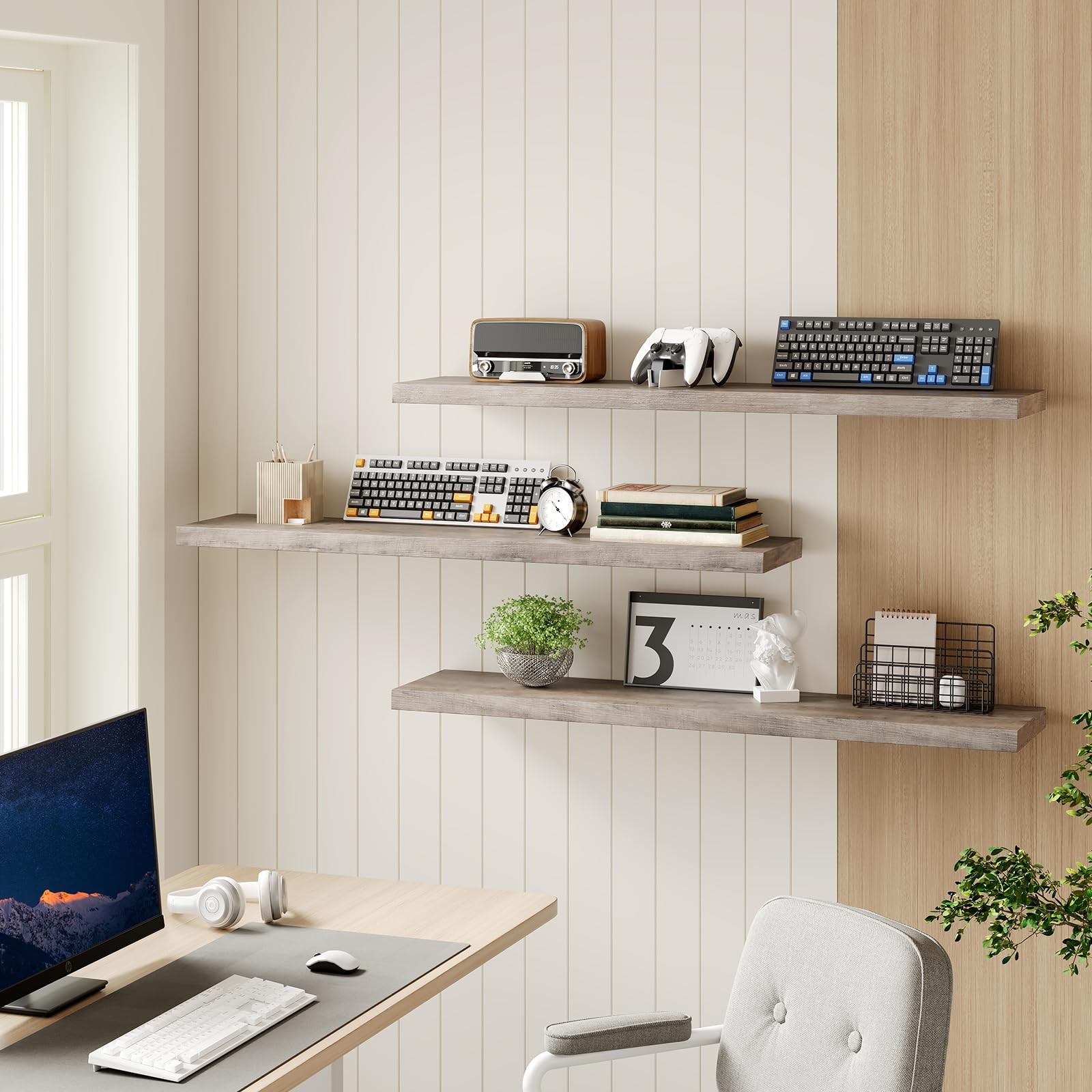 Floating Shelves for Wall, 1.5" Thick Wall Shelf Set of 3 with Invisible Brac...