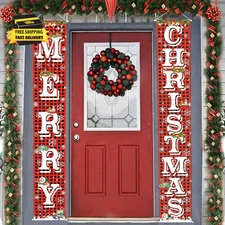 Merry Christmas Hanging Banner Porch Sign with Pattern Christmas Tree Presents S