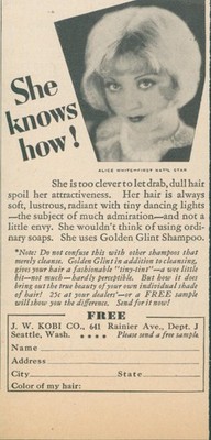 1931 Golden Glint Shampoo Kobi Co She Knows How No Dull Hair Sample Offer Ad RB1