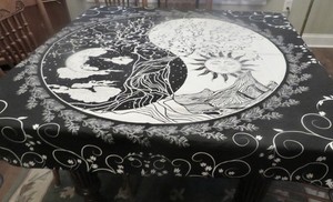 Black White Yin Yang Wall Hanging Tablecloth Moon Star Celestial Zen Boho 50X70
