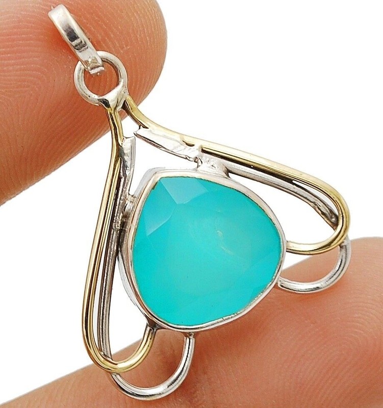 Two Tone Natural Aquamarine Chalcedony 925 Sterling Silver Pendant Jewelry @9-9