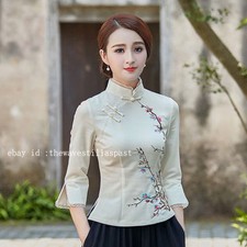 Women Chinese QiPao Cheongsam Tops Blouse Tang Suits Casual Slim Retro T-shirts