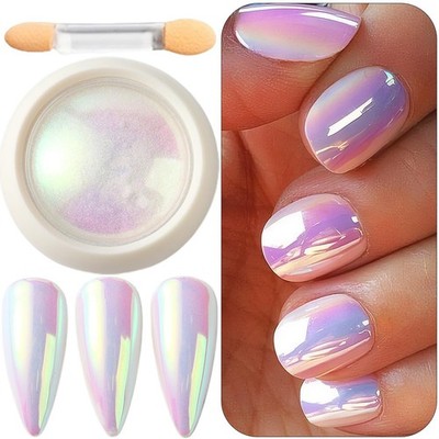 Holographic Unicorn Chrome Nail Powder, Aurora Rainbow Neon Pigment Pink 