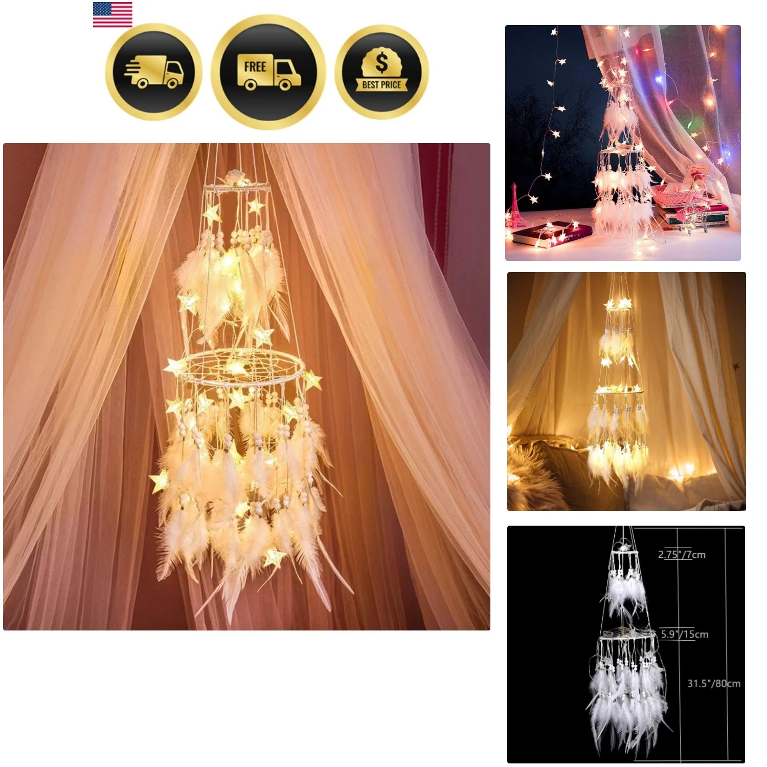 Double Circle White Feather Dream Catcher with Mobile LED Fairy Lights Wall H...
