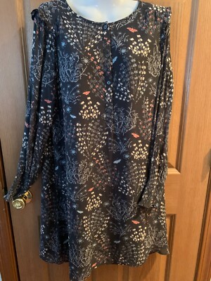 LOFT Paisley Dark grey Floral Lined Dress Size 14 Ruffles On shoulders See  Pics | eBay