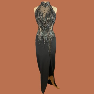 Claire's Collection Women's Black Sequin Full Length Mesh Halter Silk Dress  | eBay