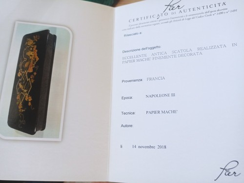 ANTICA SCATOLA PAPIER MACHE' EPOCA NAPOLEONE III DECORATA perfetta con certific - Foto 10 di 10
