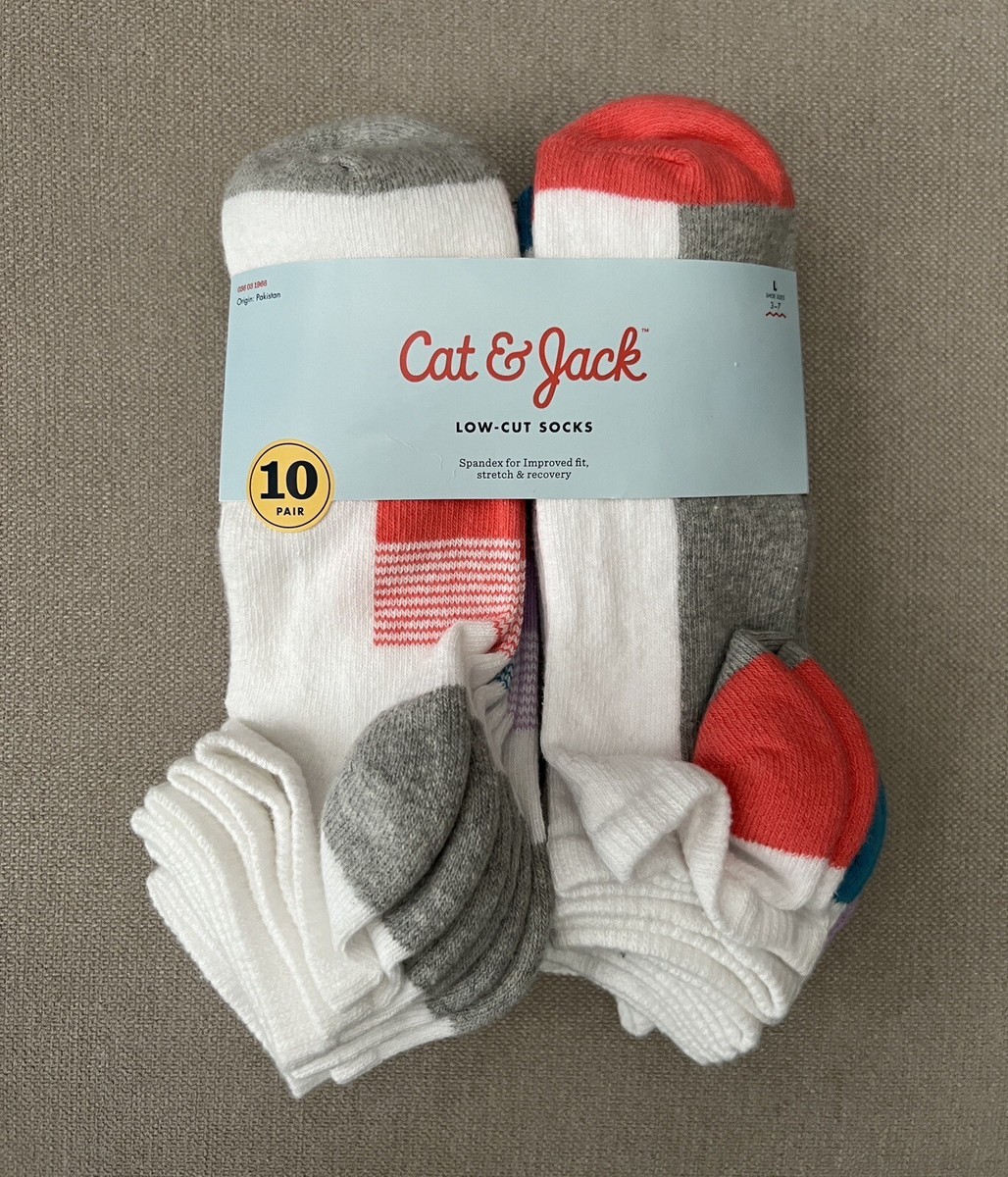 Cat & Jack Socks Girls Shoe Size 3-7 White Low Cut Stretch 10 Pack