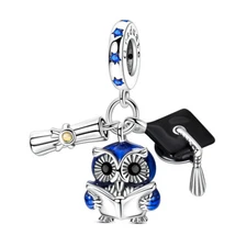 MULA 925 Silver Plated DIY Charm CZ Owl Scholar Hat Pendant For Women Bracelet