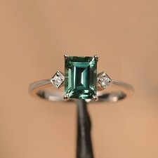 green sapphire ring emerald cut teal gemstone ring sterling silver wedding ring