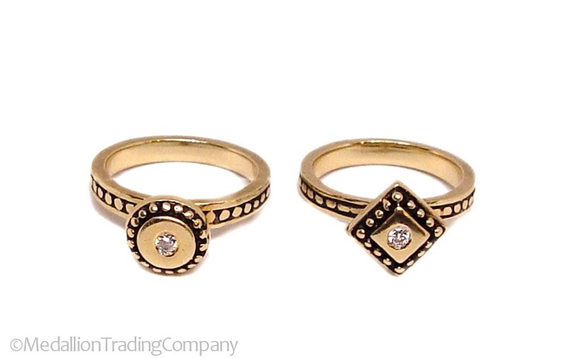 14k Yellow Gold Flush Diamond Artisan Geometric Stack Rings 12 gram Lot of 2