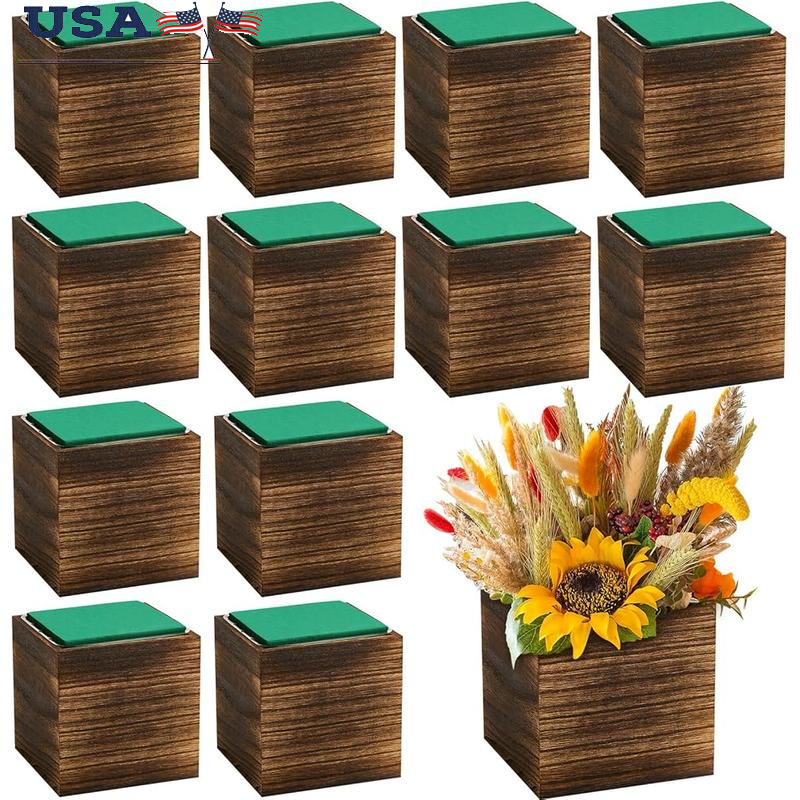 12 Set Wooden Cube Planter Box W/ Plastic Liner Foam Blocks Floral Decor New