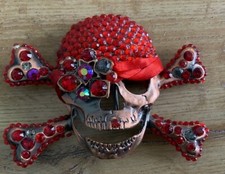 Vintage, Handmade 3 Skull Belt Buckles, Skeleton Crystals - Rhinestones; Tribal
