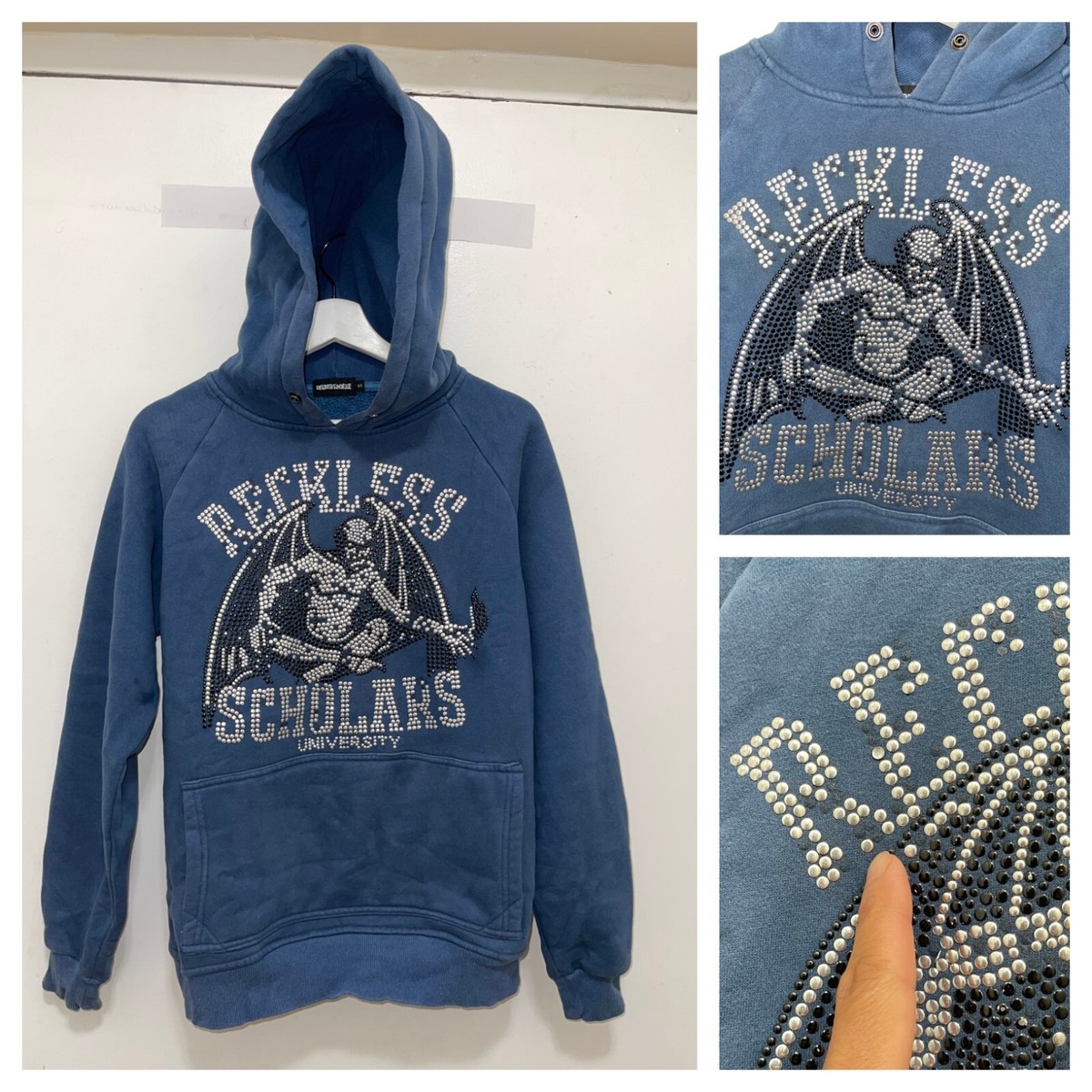 RARE RECKLESS SCHOLARS STUDDED Mens Hoodie Cotton Blue pullover