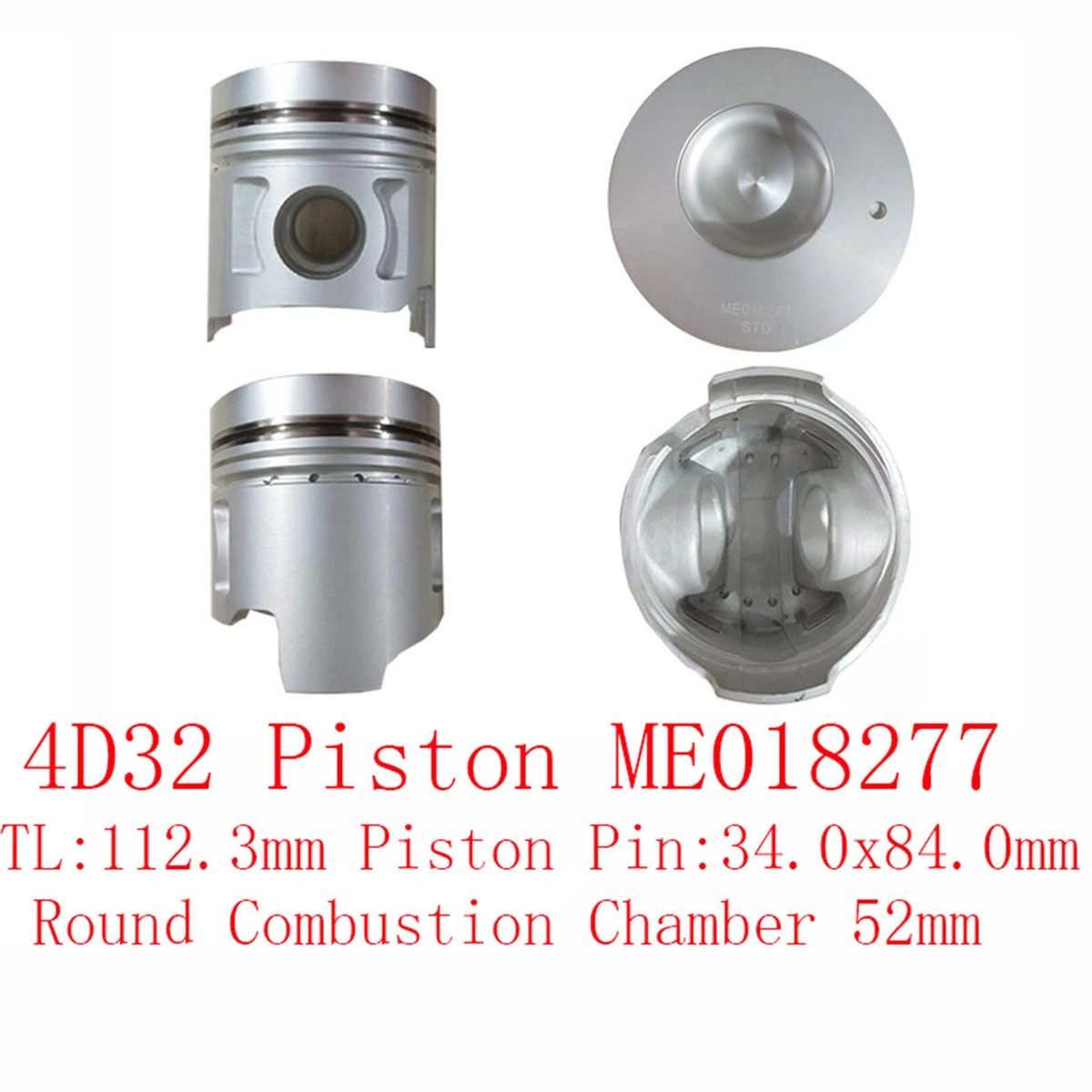 4x Piston&Pin&Clip ME018277 TL:112.3mm for Mitsubishi 4D32 3.6L 