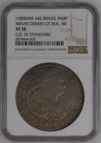 BRAZIL 960 REIS 1808 KM 242 MINAS GERAIS C/S BOLIVIA 8 REALES 1798 NGC VF 30