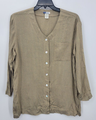 La Sara Shirt Jacket Womens Medium Brown Textured V Neck Button Up Lagenlook
