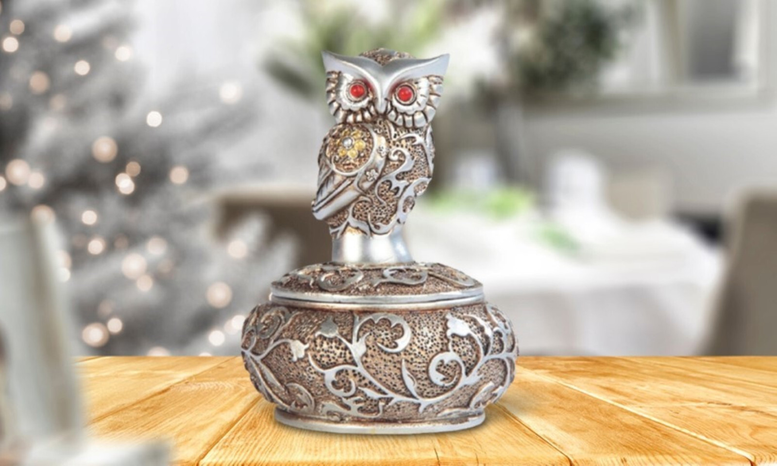 4"H Owl With Red Gemstone Eyes Trinket Box Ornament Home Decor Unique Gift