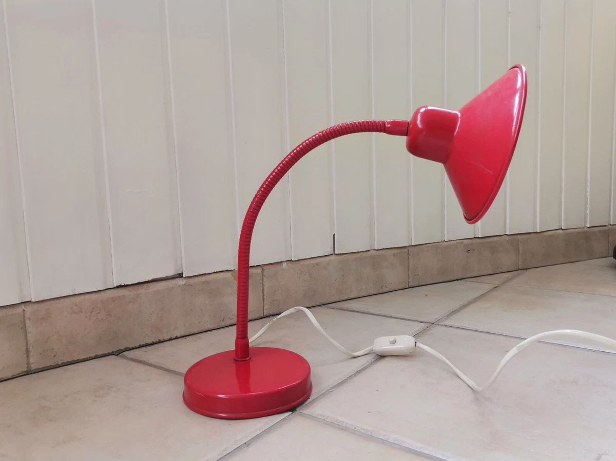 Vintage 70s Industrial red painted metal adjustable goose neck desk lamp  light