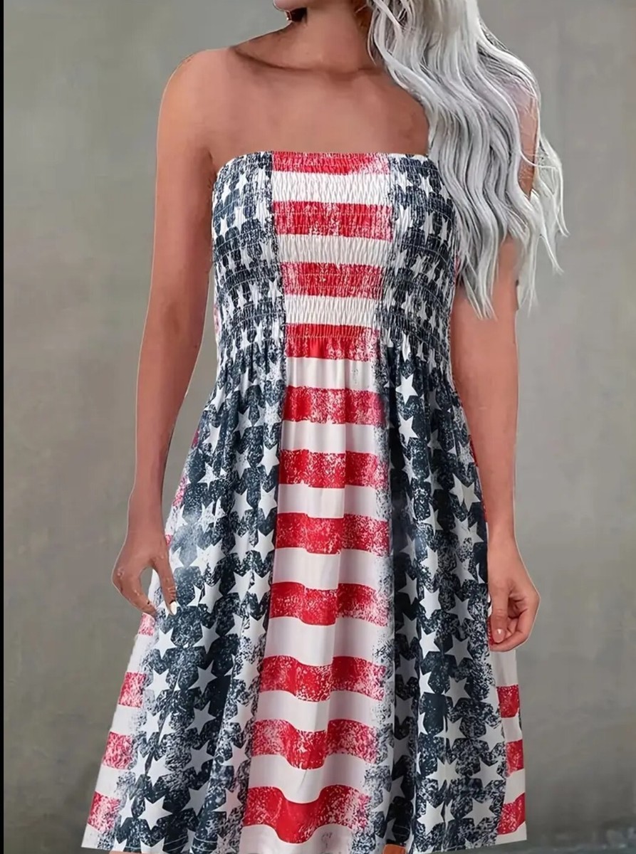 American Flag Womens Summer Dress July 4th Beach Wear M | eBay