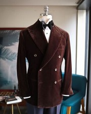 Men's Velvet Suit Peak Lapel Slim Fit Brown Wedding Groom Formal Blazer Tuxedos