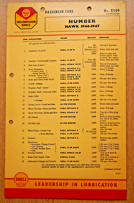 Humber Hawk 1946-47 - Shell classic car lubrication chart
