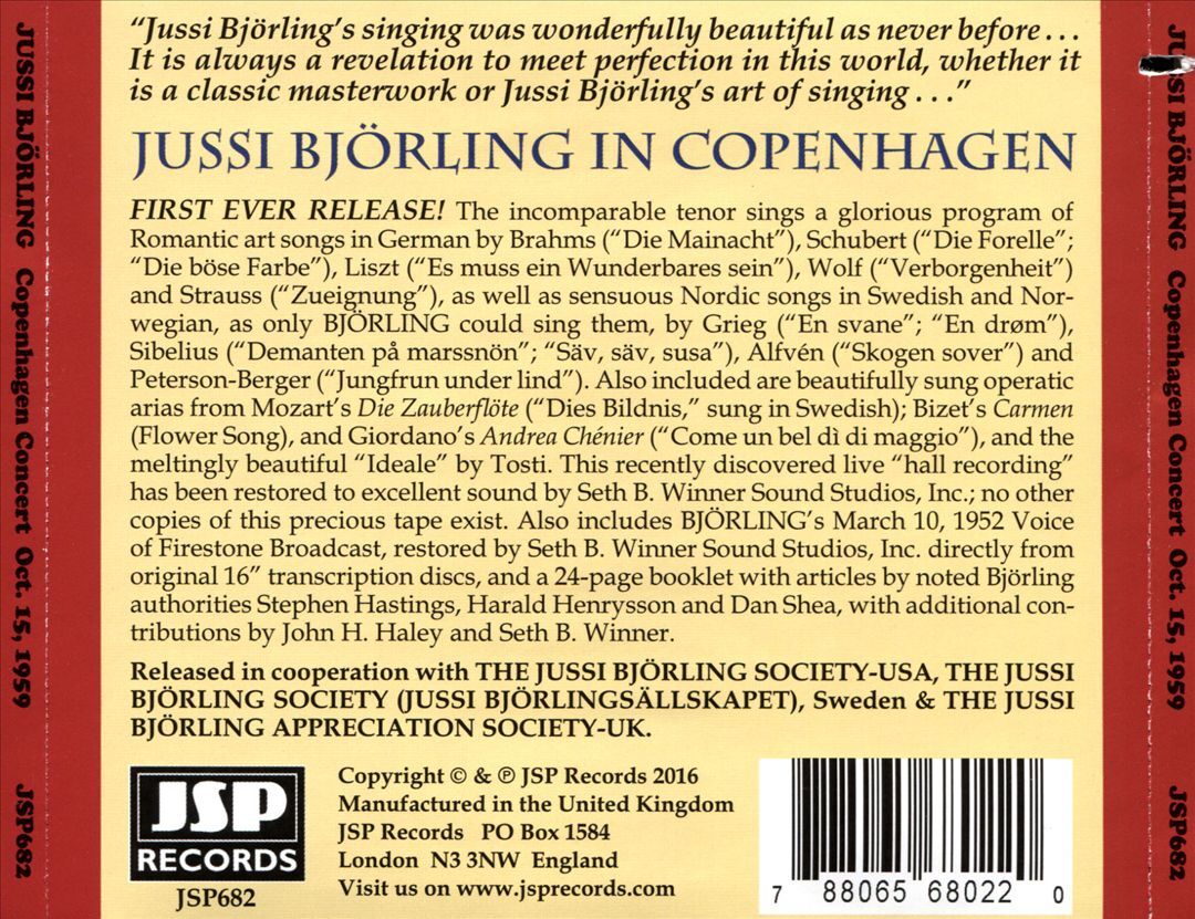 JUSSI BJÖRLING JUSSI BJÖRLING: OCTORBER 15, 1959 COPENHAGEN CONCERT NEW CD