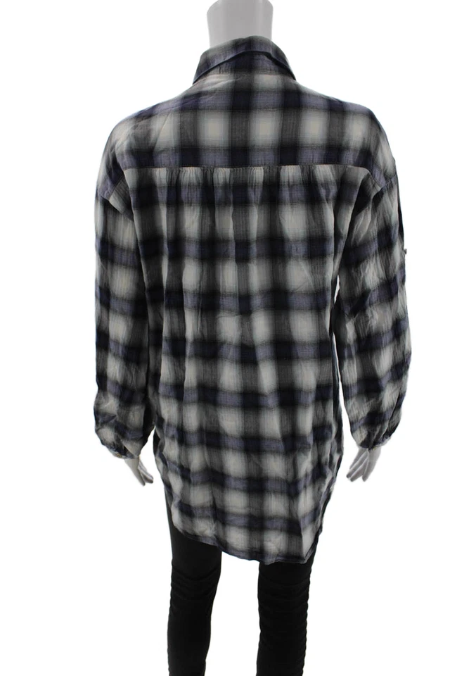 Túnica Vince para mujer abotonada negra a cuadros algodón cuello manga larga talla S Foto 3 de 4