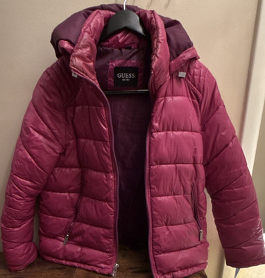 GUESS Girls Pink Hooded Puffer Jacket Size 14 Polyester Zip Logo Short