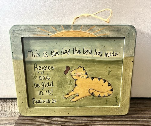 Religious Cat Artwork Lord Psalm Rejoice Quirky Wooden Painting Kitty Picture