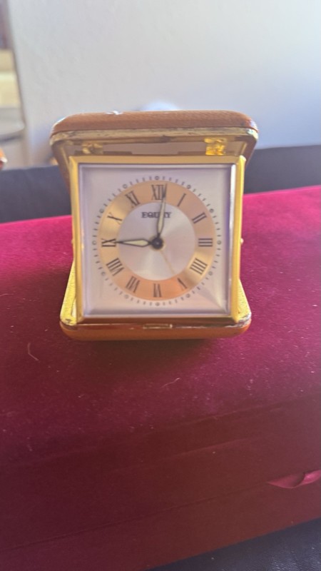 Vintage Equity Gold Brown Square Traveling Alarm ⏰ Clock Analog W/ Ring 